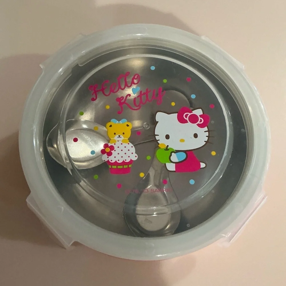 Sanrio Hello Kitty Stainless Steel Bowl with Lid with Mini Spoons in Pink